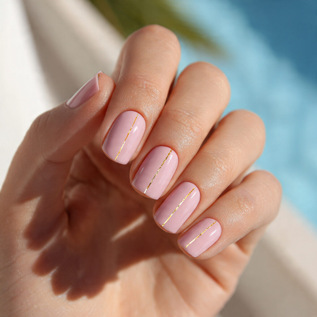 close up of one attractive hand with dusty pink gl