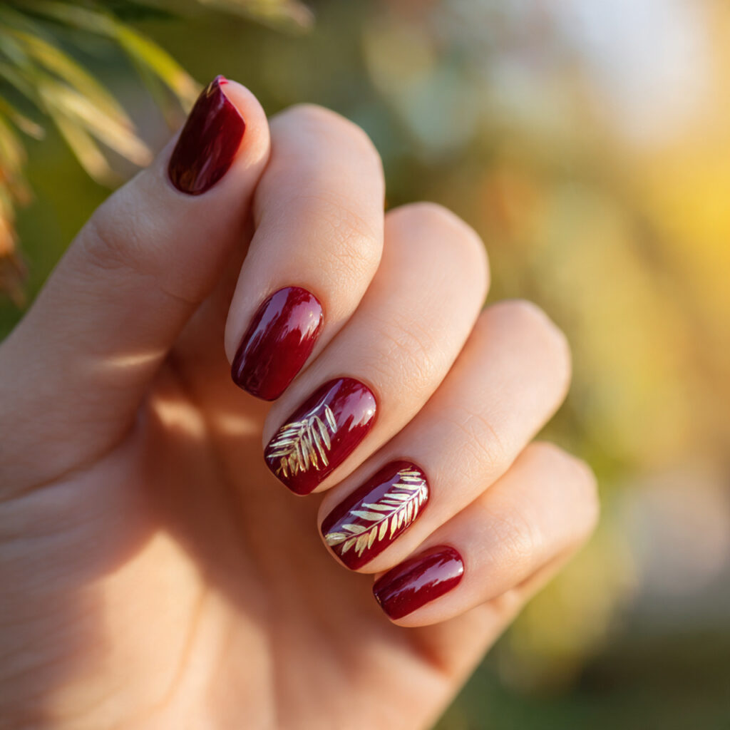 Red Gold Nails: Luxe, Fiery Designs That Feel Instantly Iconic 2 close up of one attractive hand with glossy burgun