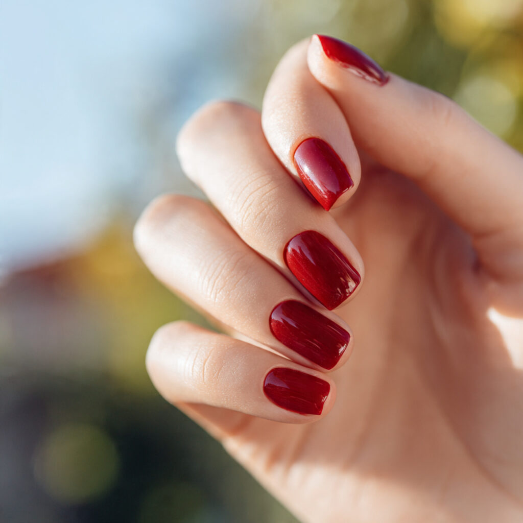 close up of one attractive hand with glossy cherry