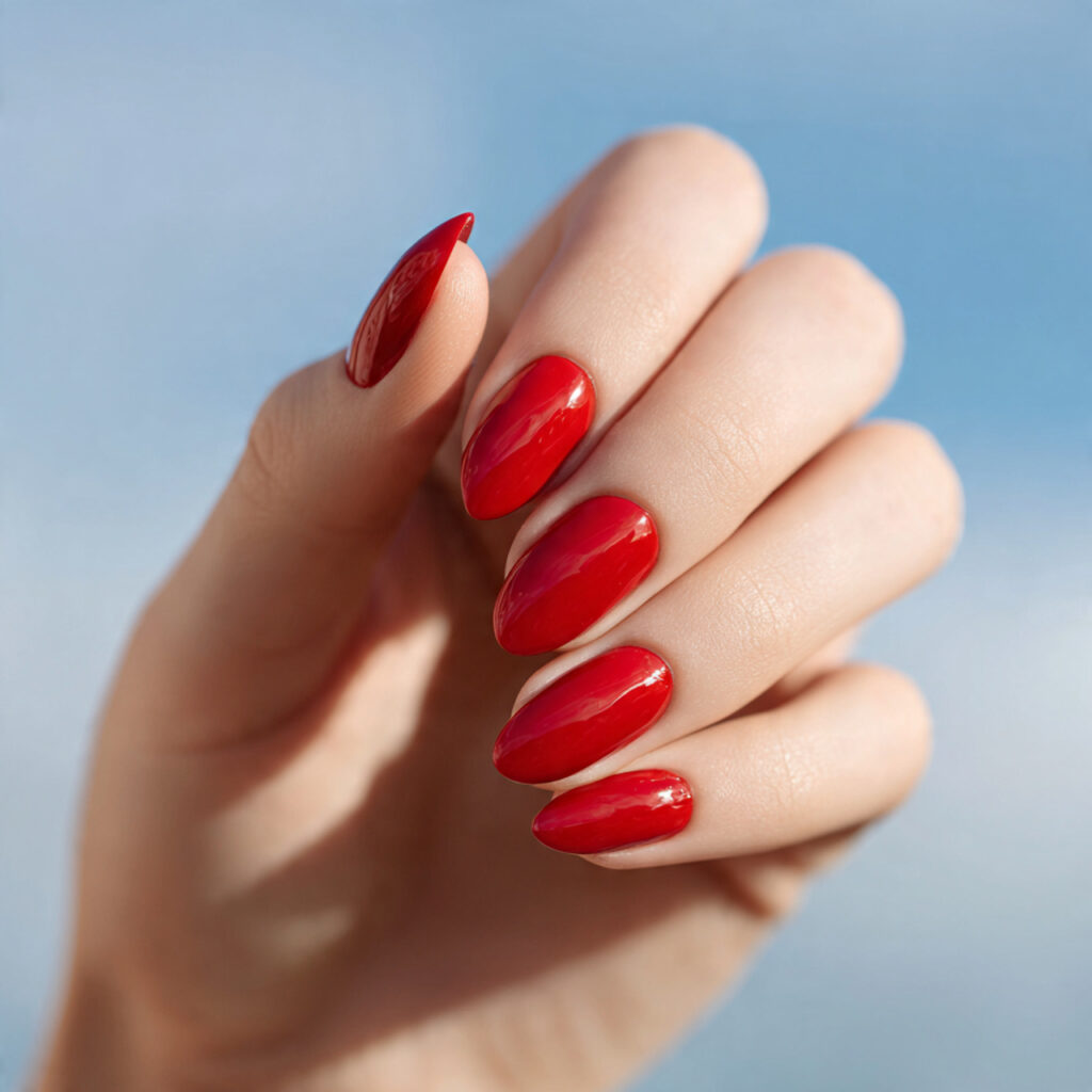 Almond Nails Red: 14 Dreamy, Classy & Bold Ideas You’ll Want to Save 1 close up of one attractive hand with glossy classi 1