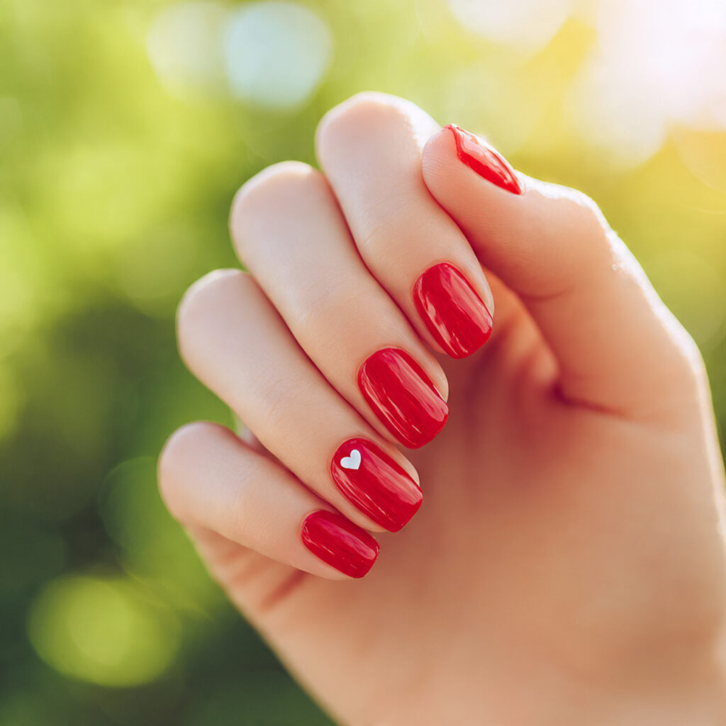 close up of one attractive hand with glossy red na 1