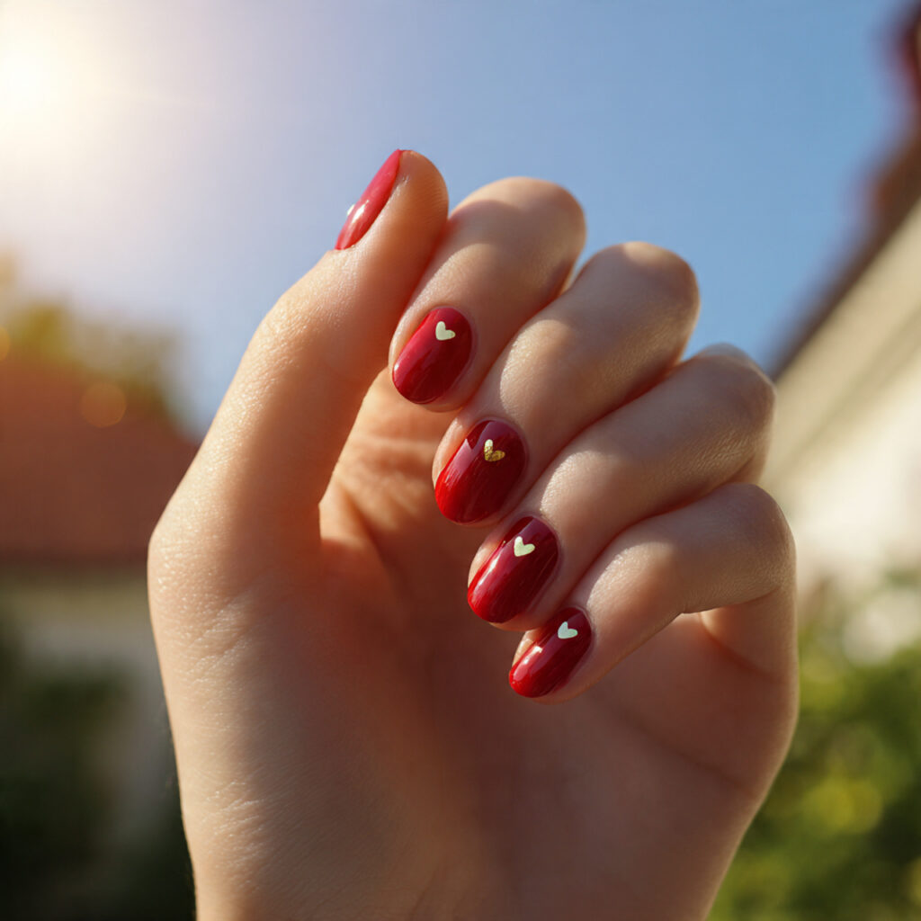 Red Gold Nails: Luxe, Fiery Designs That Feel Instantly Iconic 13 close up of one attractive hand with glossy red na 2