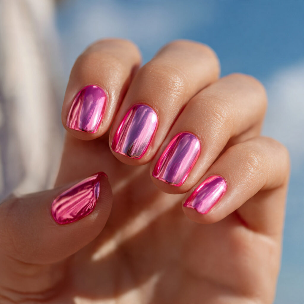 Chrome Pink Nails: The Glossy, Dreamy Trend You Can’t Stop Saving 3 close up of one attractive hand with hot pink chro