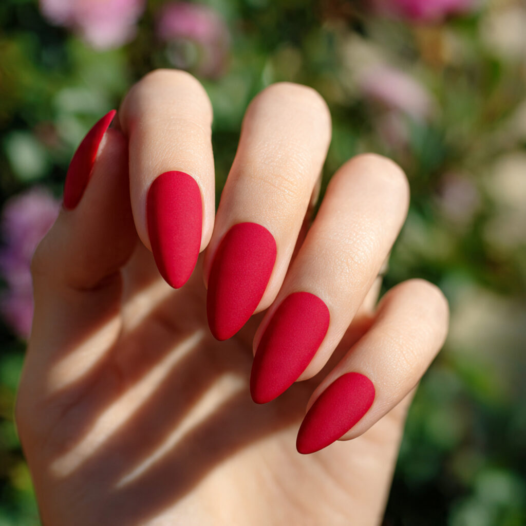 Almond Nails Red: 14 Dreamy, Classy & Bold Ideas You’ll Want to Save 9 close up of one attractive hand with matte red alm 1