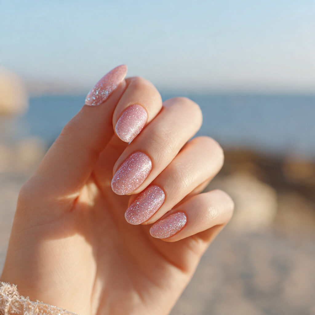 Pink Nails with Glitter Accent: Soft Glam Looks You’ll Want to Save 9 close up of one attractive hand with peachy pink n
