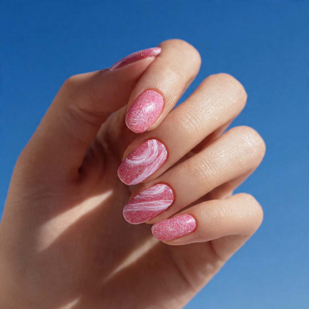 Pink Sparkle Nails: Soft Glam, Glossy Shine & Dreamy Glow 11 close up of one attractive hand with pink glitter