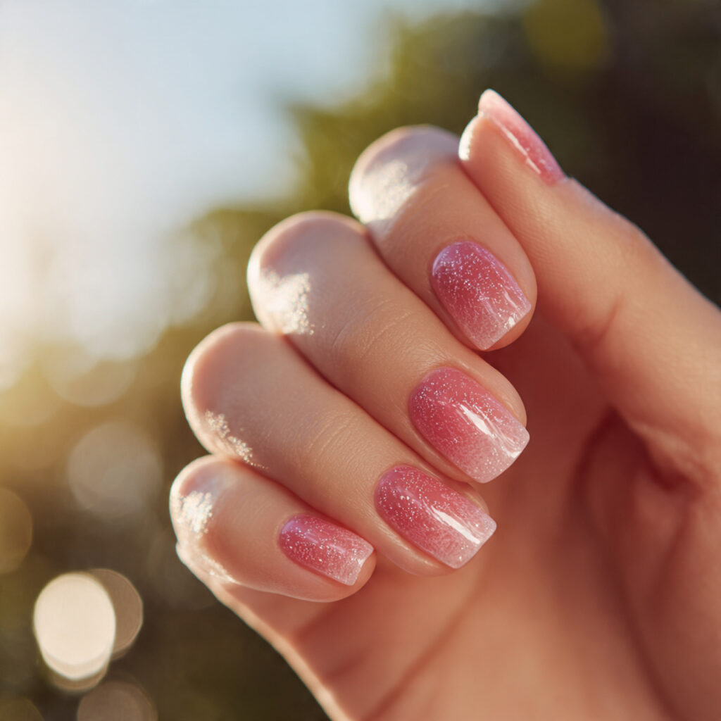 Pink Nails with Designs: Cute Details That Make You Glow 10 close up of one attractive hand with pink ombre na