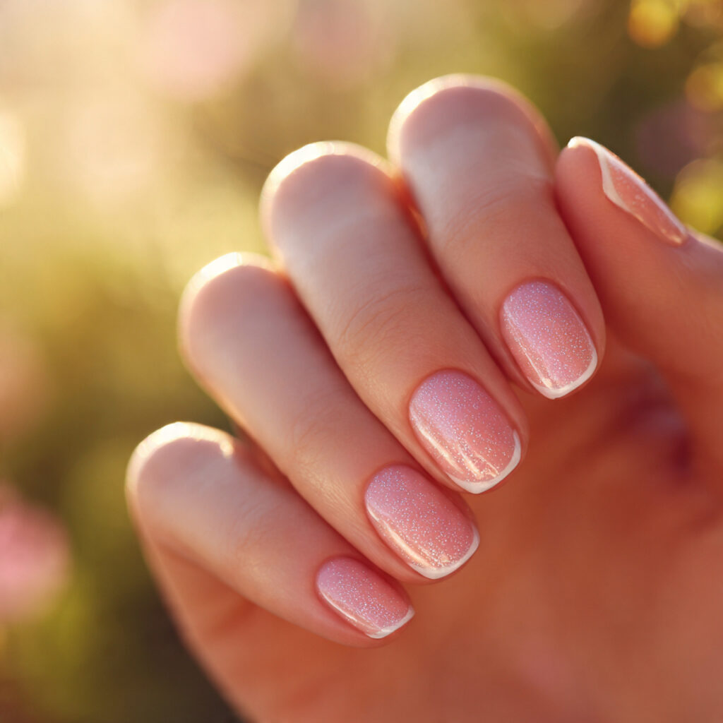 Pink Sparkle Nails: Soft Glam, Glossy Shine & Dreamy Glow 6 close up of one attractive hand with pink sparkle