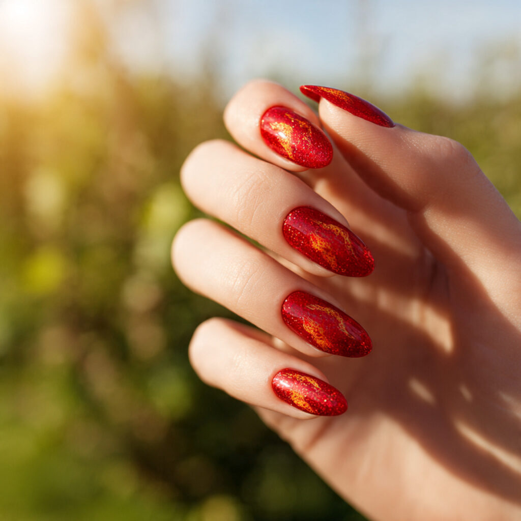 Red Nails Glitter: Bold Sparkle, Soft Glam & Statement Shine 14 close up of one attractive hand with red glitter f