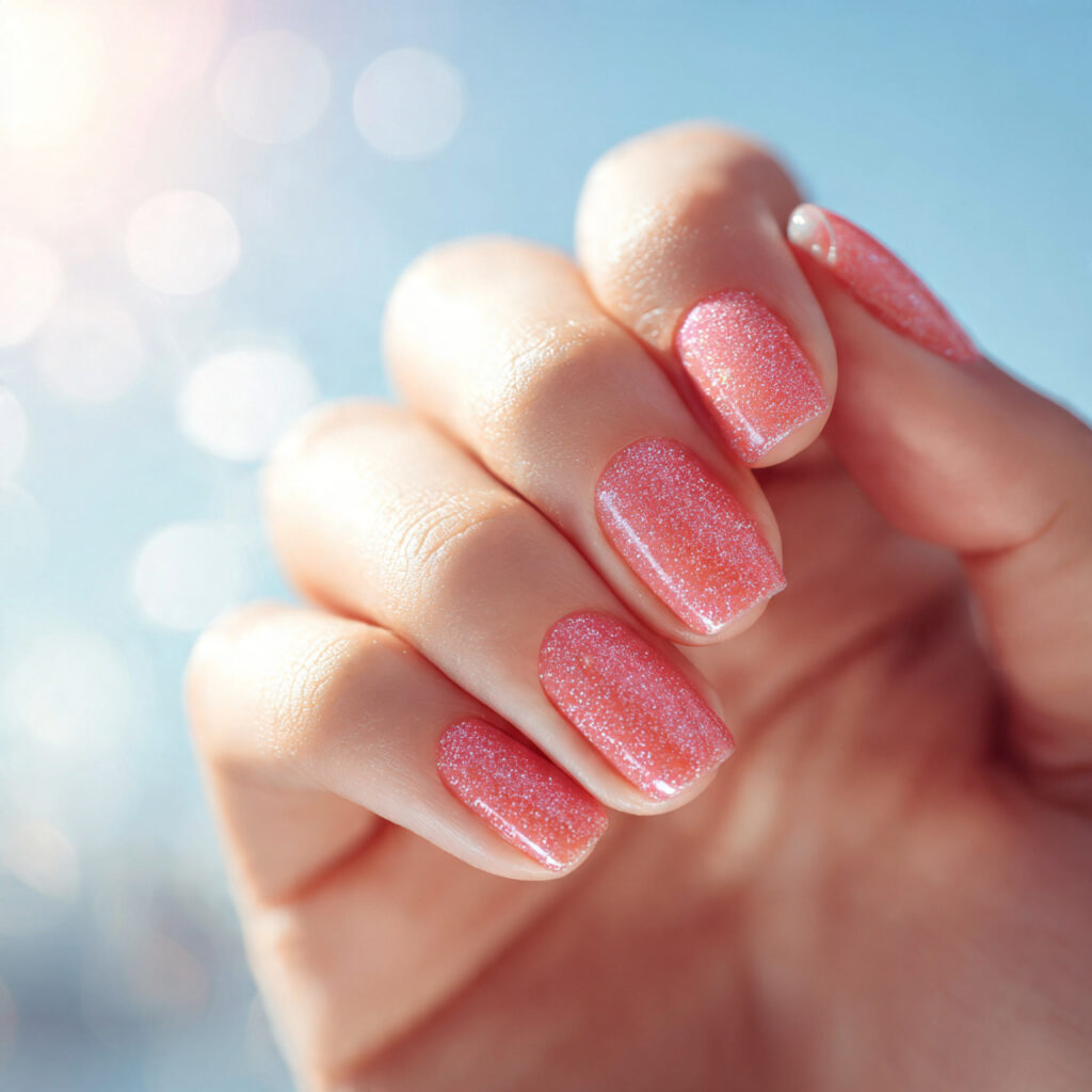 Pink Sparkle Nails: Soft Glam, Glossy Shine & Dreamy Glow 8 close up of one attractive hand with strawberry pi