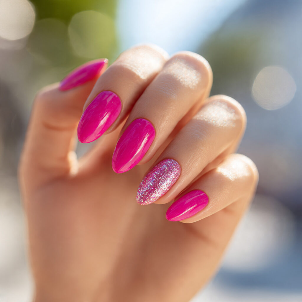 Pink Nails with Glitter Accent: Soft Glam Looks You’ll Want to Save 5 close up of one elegant hand with attractive hot p