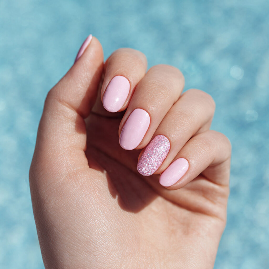 Pink Nails with Glitter Accent: Soft Glam Looks You’ll Want to Save 1 close up of one hand with attractive baby pink nai