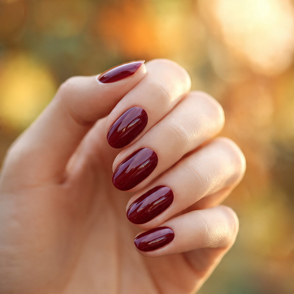 close up of one hand with attractive burgundy glaz