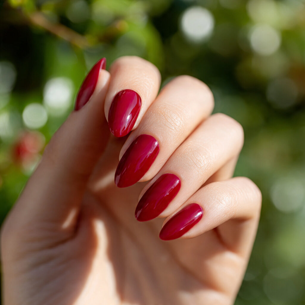 Almond Nails Red: 14 Dreamy, Classy & Bold Ideas You’ll Want to Save 2 close up of one hand with attractive cherry red al