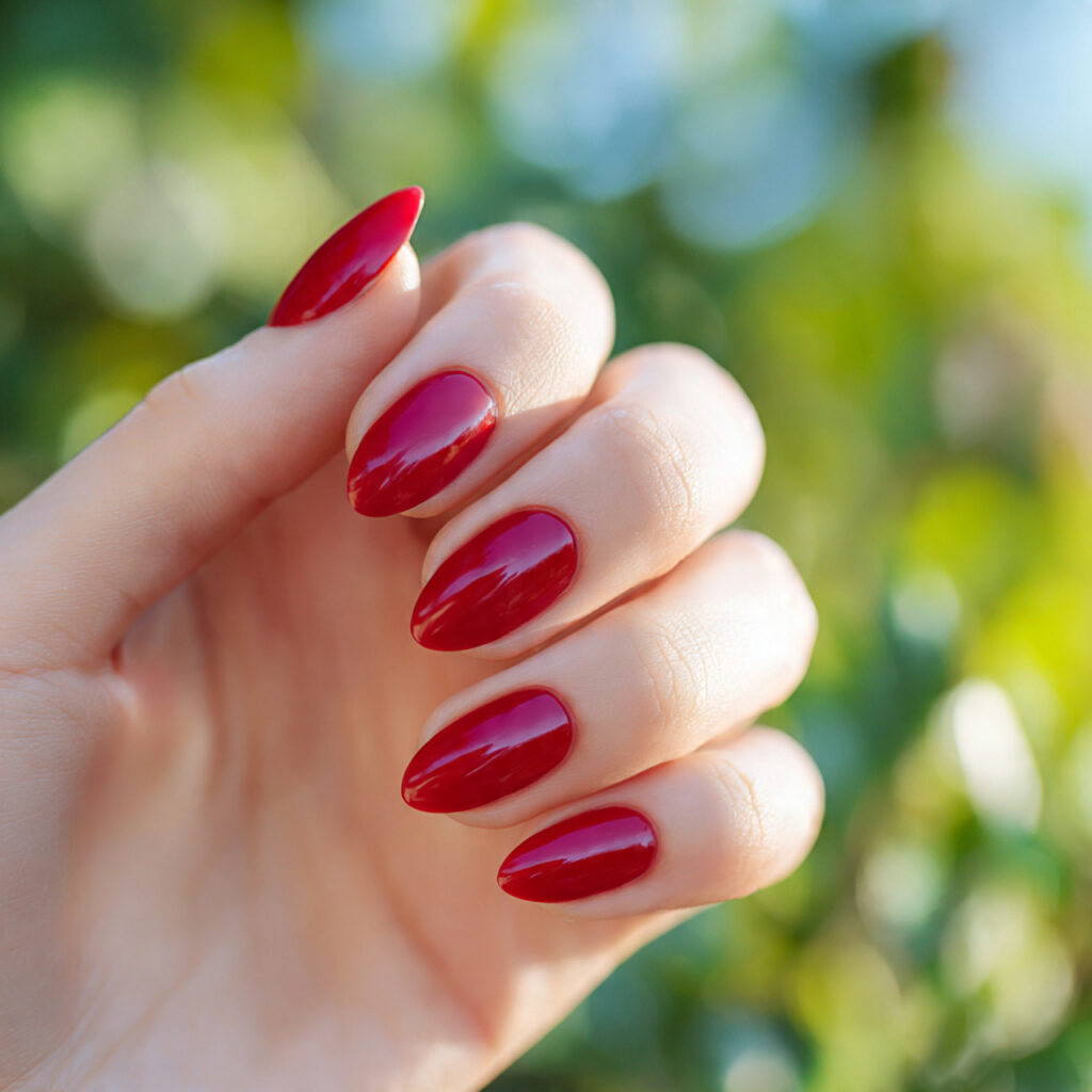 Red Nails Almond: Dreamy, Bold & Effortlessly Chic Designs You’ll Want to Save 1 close up of one hand with attractive classic gloss