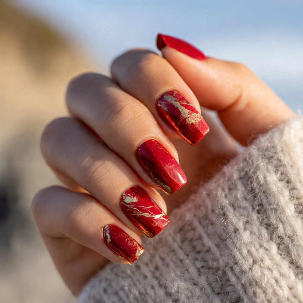 Red Gold Nails: Luxe, Fiery Designs That Feel Instantly Iconic 11 close up of one hand with attractive crimson red n