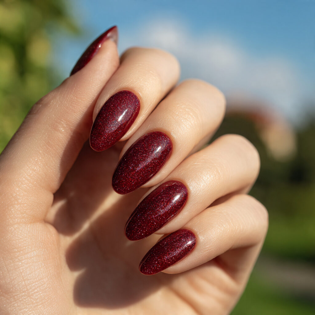 close up of one hand with attractive dark red glit