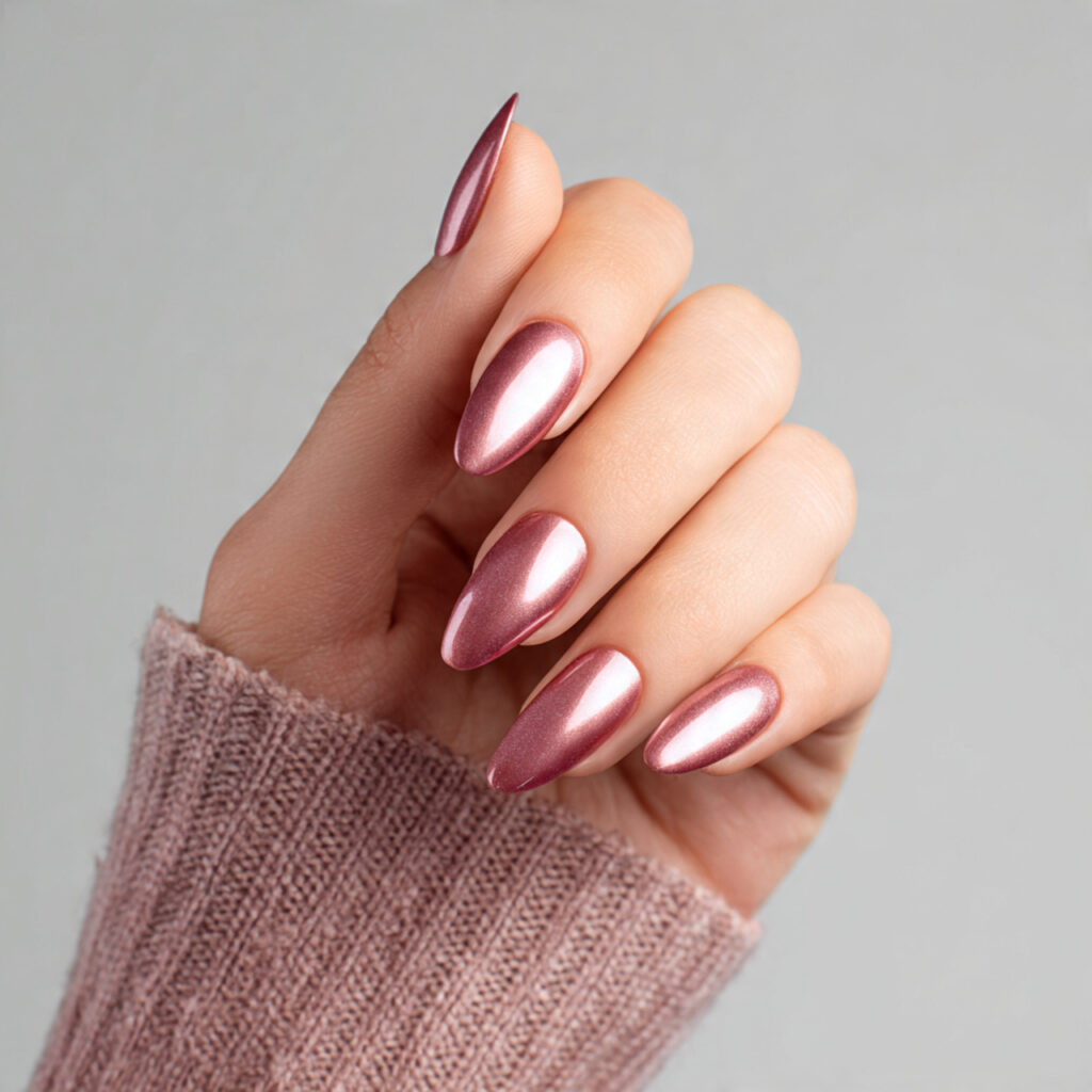 Chrome Pink Nails: The Glossy, Dreamy Trend You Can’t Stop Saving 8 close up of one hand with attractive dusty rose ch