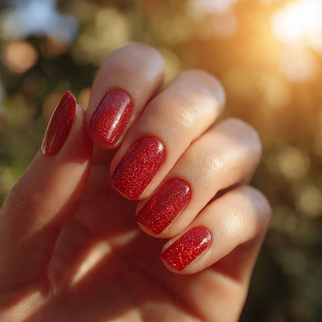 Red Nails Glitter: Bold Sparkle, Soft Glam & Statement Shine 10 close up of one hand with attractive full red glit