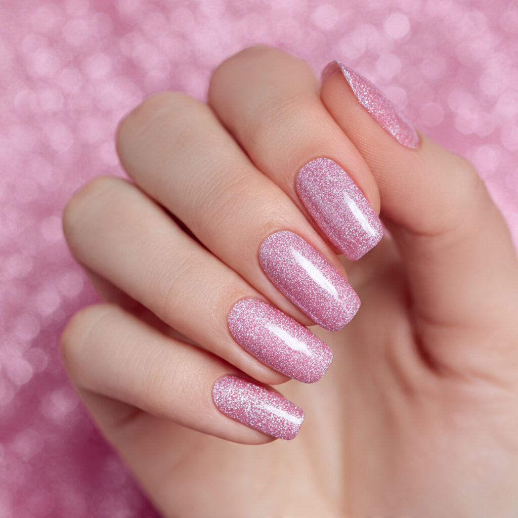 Chrome Pink Nails: The Glossy, Dreamy Trend You Can’t Stop Saving 10 close up of one hand with attractive glitter pink 1
