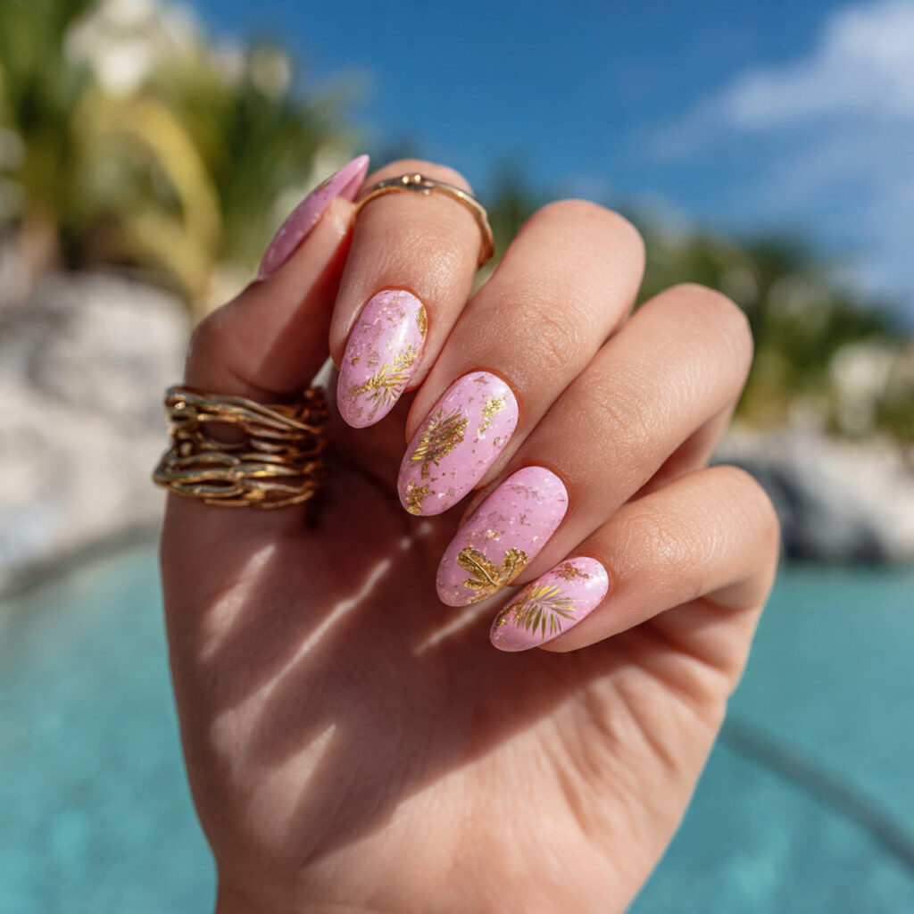 Pink Gold Nails: Soft Glam Meets Luxe Shine 9 close up of one hand with attractive glossy pink n