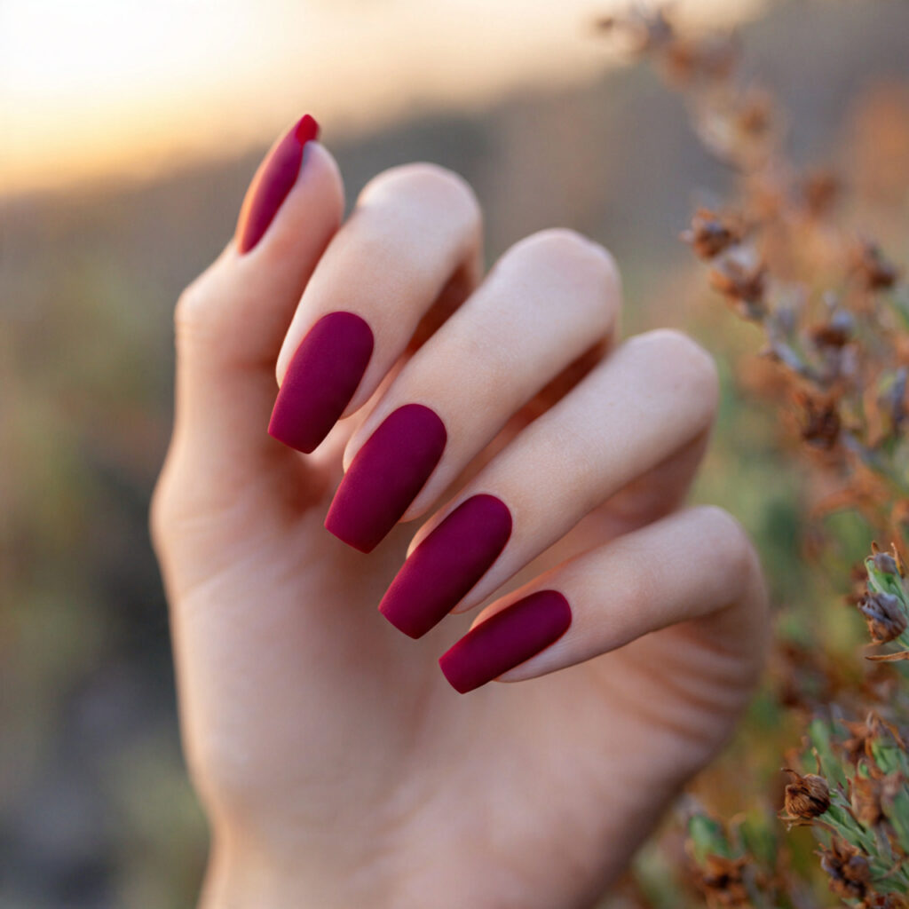 close up of one hand with attractive matte burgund