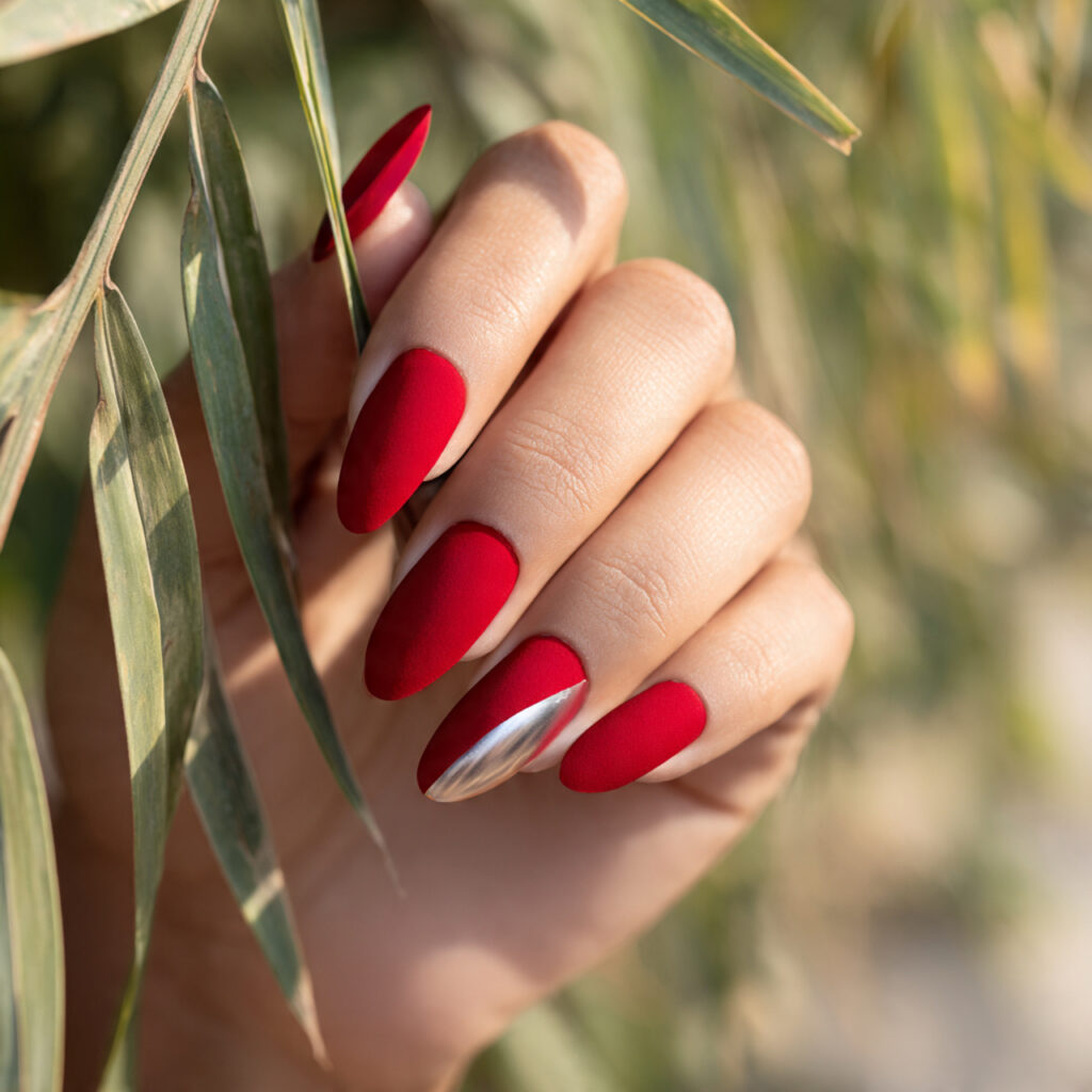 close up of one hand with attractive matte red nai