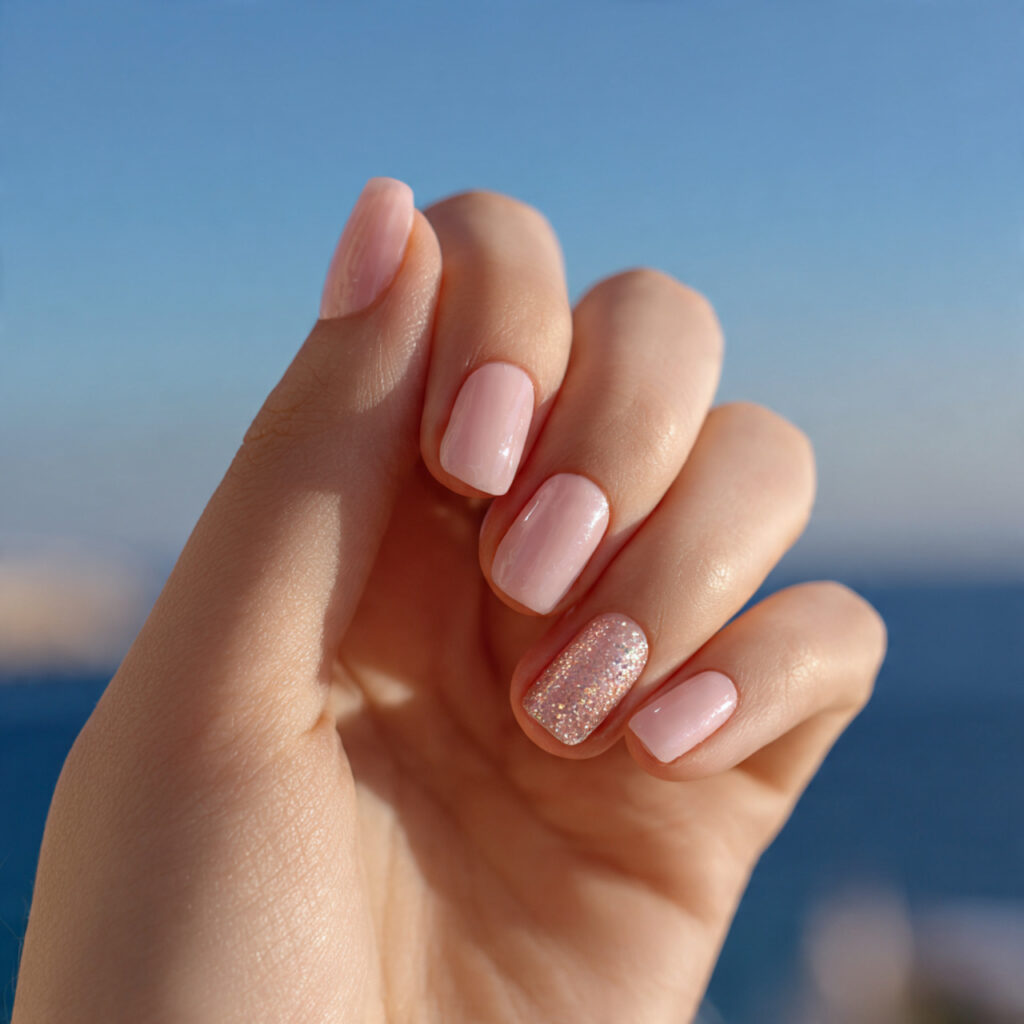 Pink Gold Nails: Soft Glam Meets Luxe Shine 3 close up of one hand with attractive pale pink nai 1