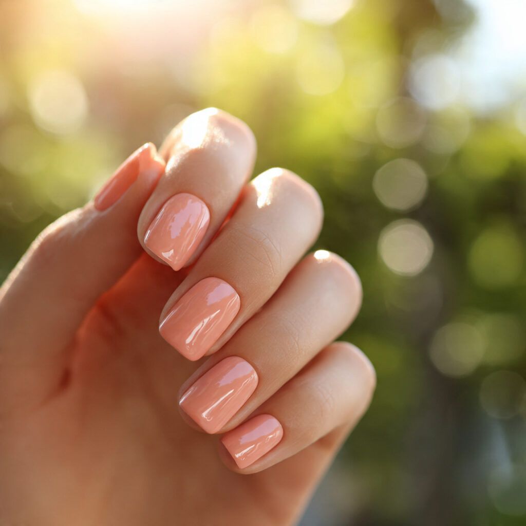 close up of one hand with attractive peachy pink a