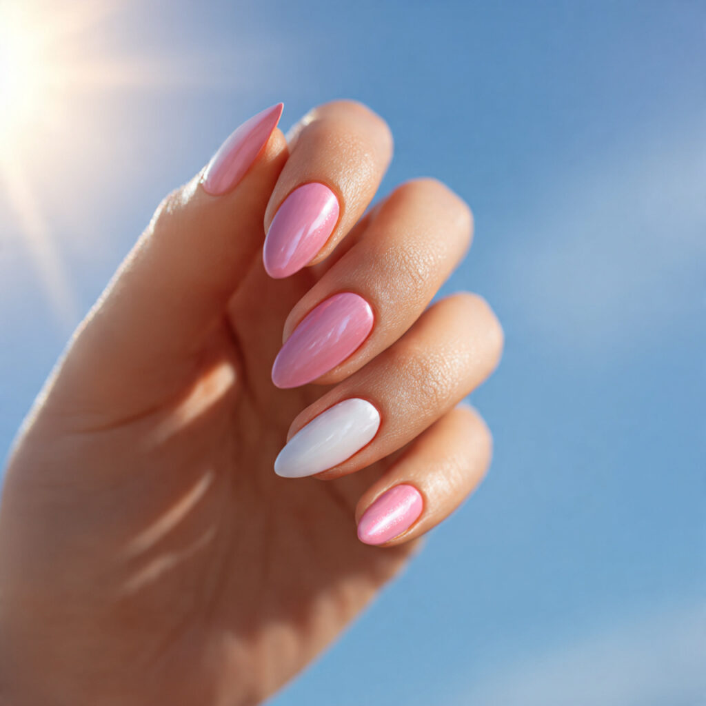 close up of one hand with attractive pink and whit 2