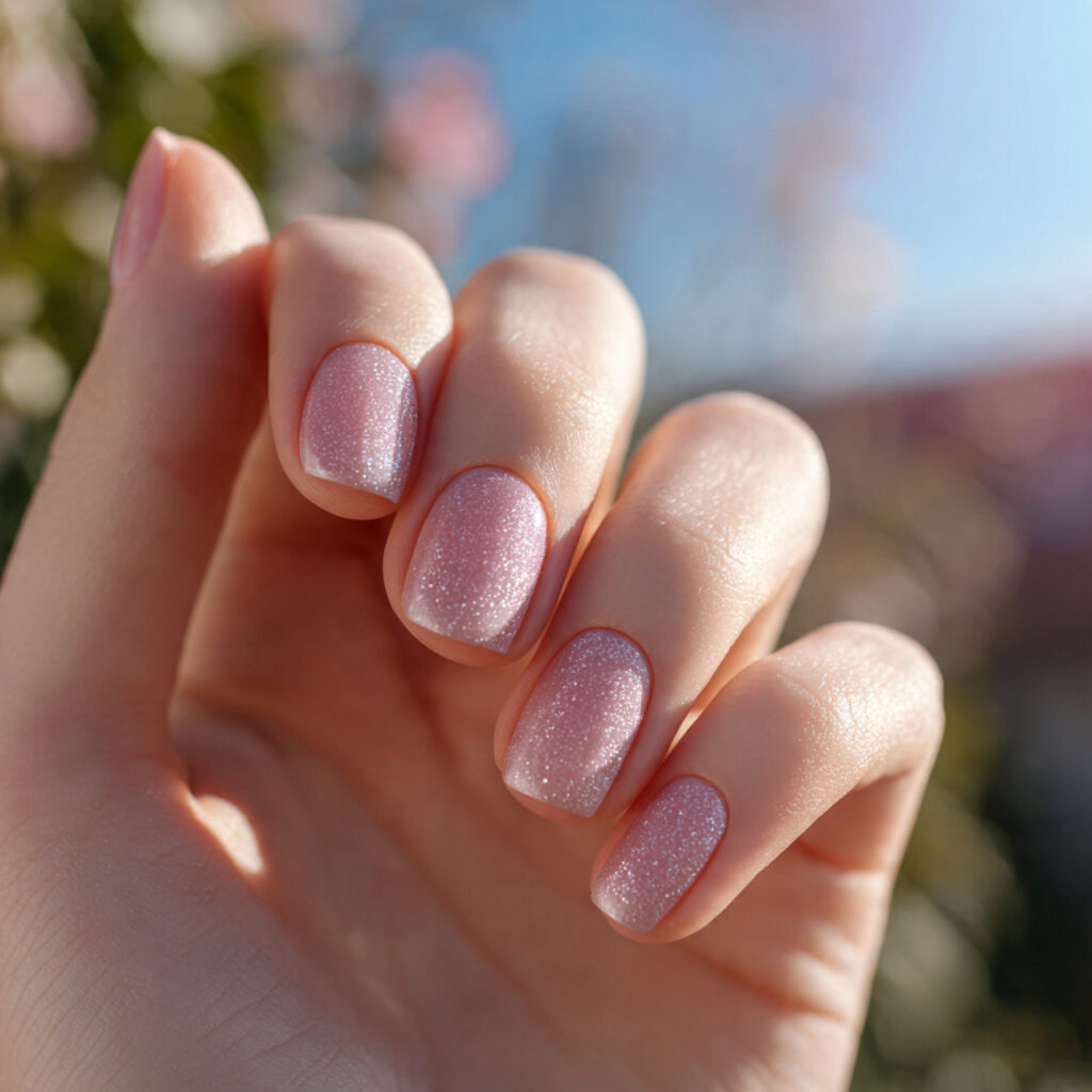 Pink Sparkle Nails: Soft Glam, Glossy Shine & Dreamy Glow 12 close up of one hand with attractive pink sparkle