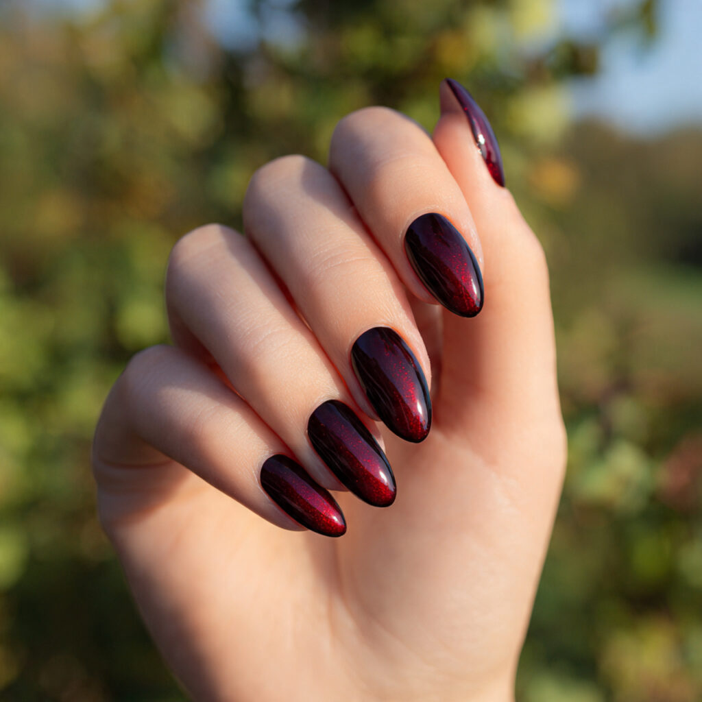Red Nails Almond: Dreamy, Bold & Effortlessly Chic Designs You’ll Want to Save 10 close up of one hand with attractive red and black
