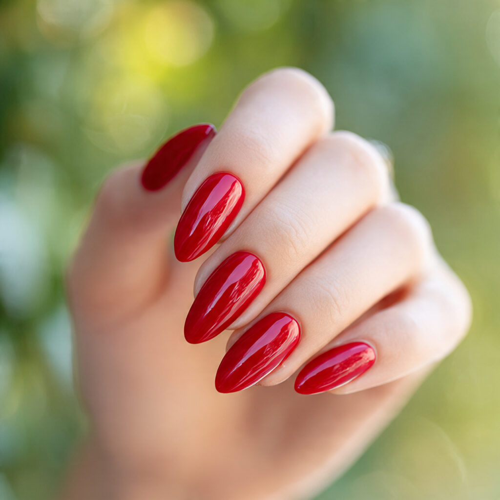 Red Nails Almond: Dreamy, Bold & Effortlessly Chic Designs You’ll Want to Save 5 close up of one hand with attractive red chrome al