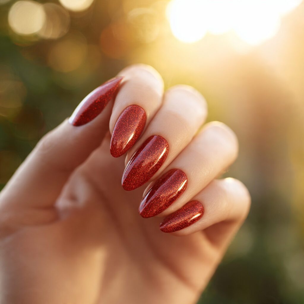 Red Nails Almond: Dreamy, Bold & Effortlessly Chic Designs You’ll Want to Save 8 close up of one hand with attractive red glitter a