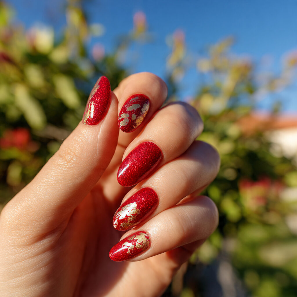 Red Nails Glitter: Bold Sparkle, Soft Glam & Statement Shine 12 close up of one hand with attractive red glitter n
