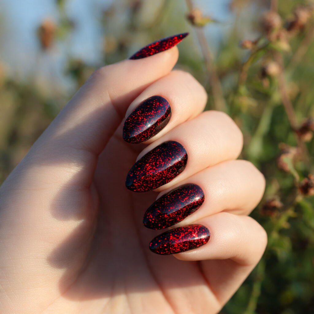 Red Black Nails: Bold, Addictive & Totally Unforgettable Looks 9 close up of one hand with attractive red glitter o