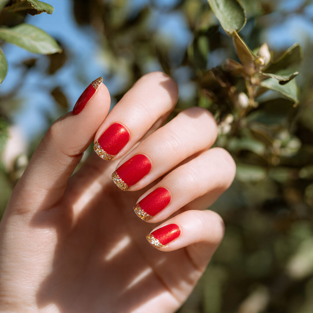 Red Gold Nails: Luxe, Fiery Designs That Feel Instantly Iconic 5 close up of one hand with attractive red nails fea 1