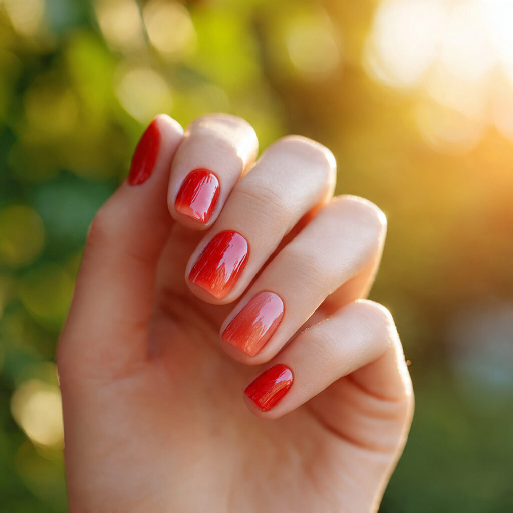 Red Short Nails: The Chic, Bold, and Effortless Trend You’ll Want to Copy 8 close up of one hand with attractive red ombre sho 1
