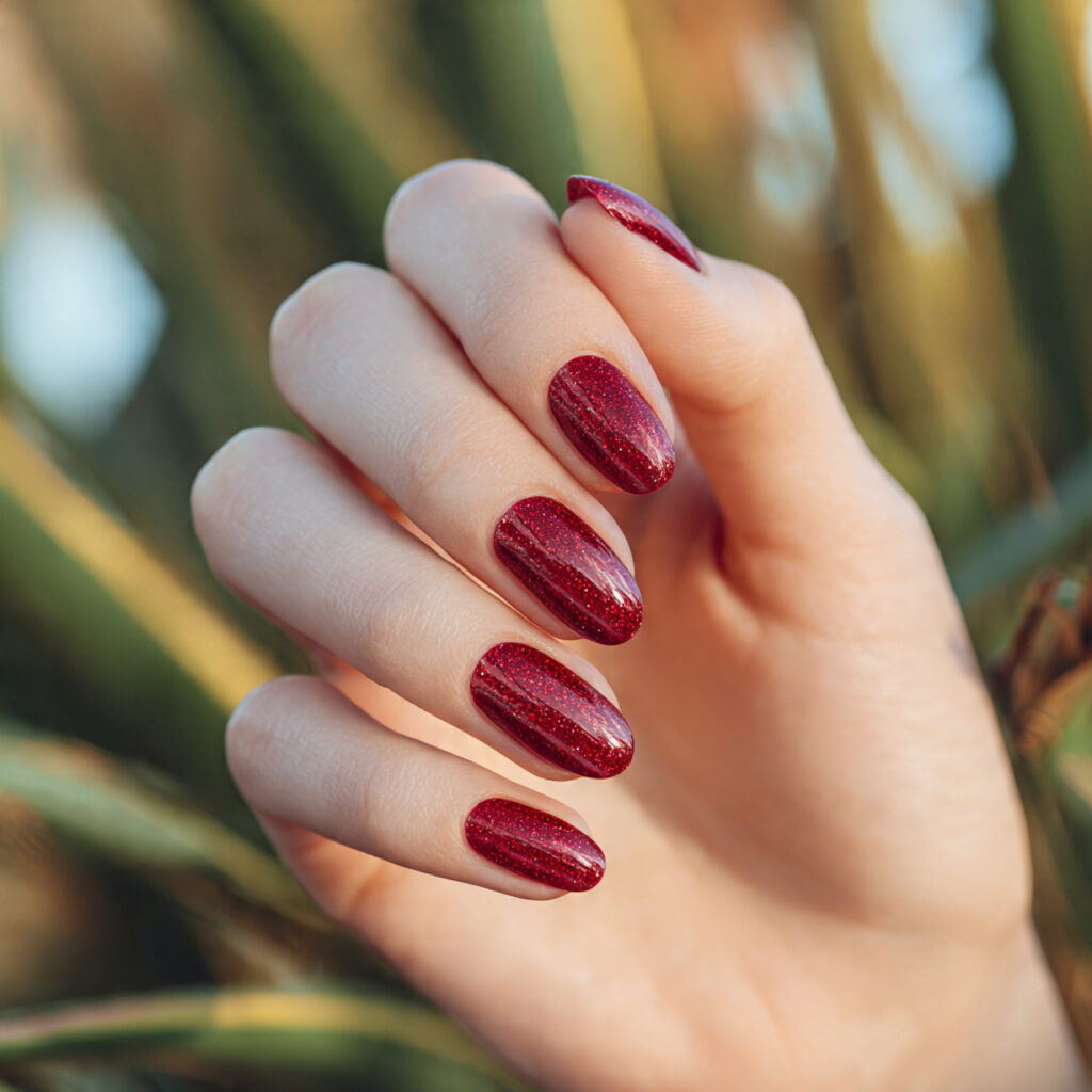 close up of one hand with attractive ruby red glit