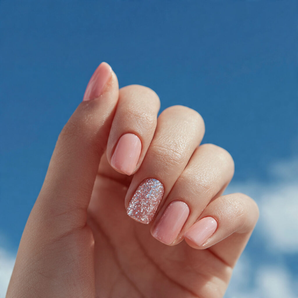 Pink Nails with Glitter Accent: Soft Glam Looks You’ll Want to Save 11 close up of one hand with attractive soft pink nai