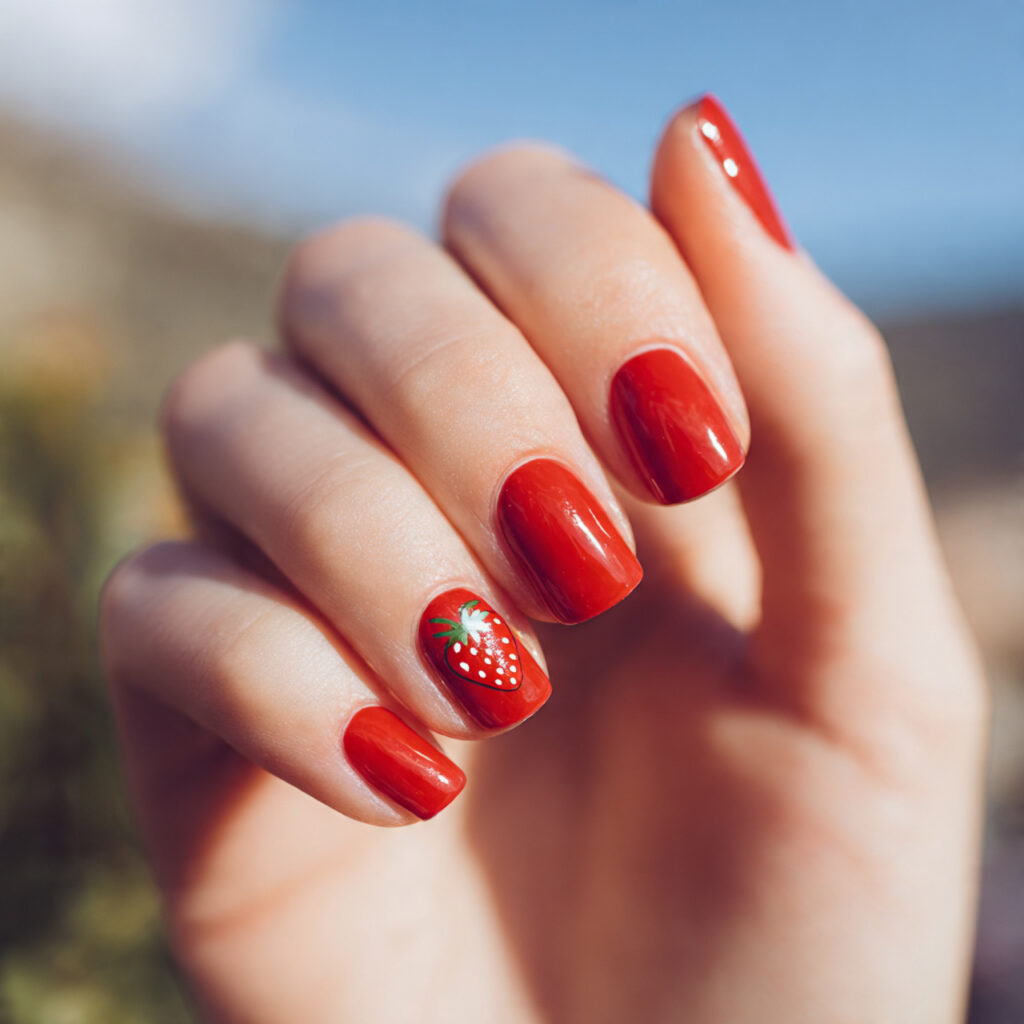 close up of one hand with attractive strawberry re