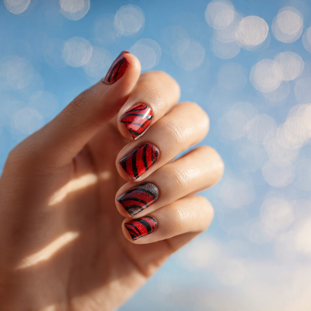 Red Black Nails: Bold, Addictive & Totally Unforgettable Looks 11 close up of one hand with attractive swirl red and 1