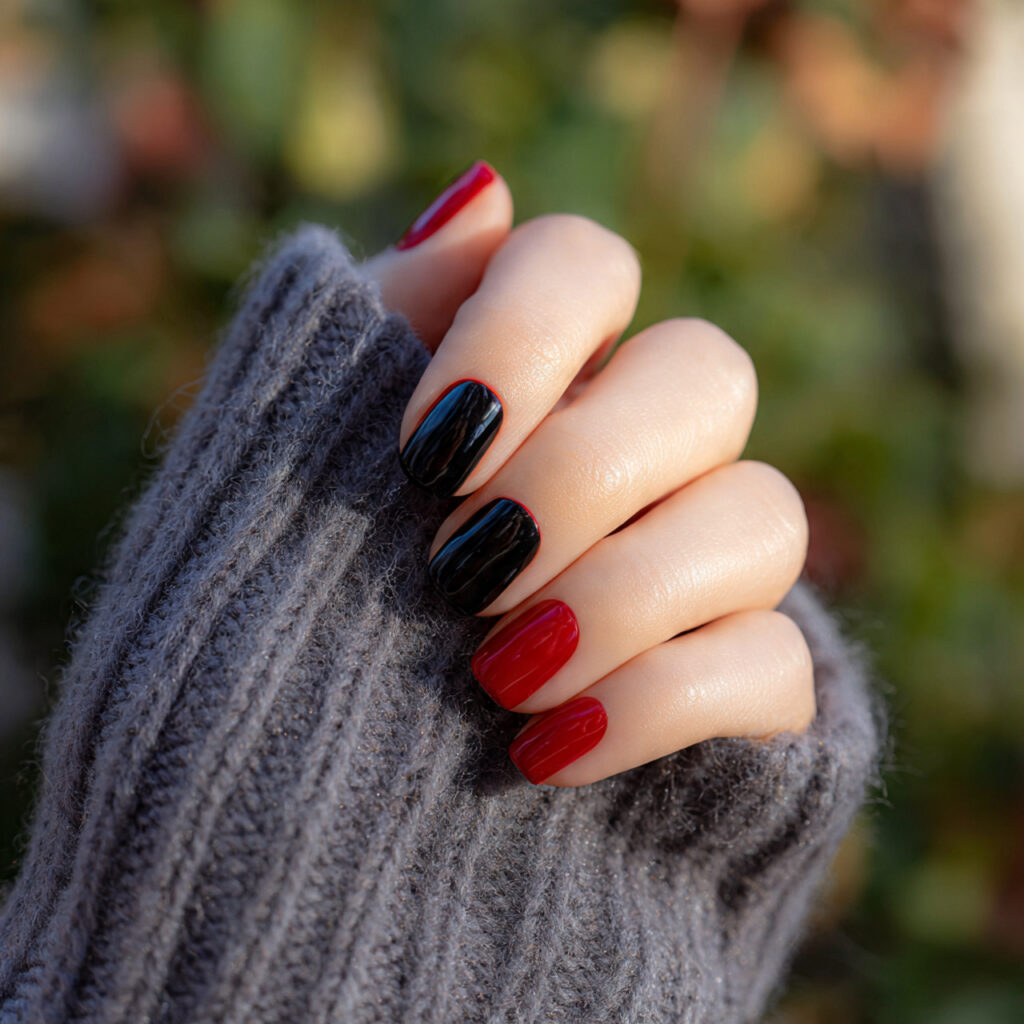 Red Nails Art: The Bold, Beautiful Designs You’ll Keep Saving 14 close up of one hand with black and red contrast n