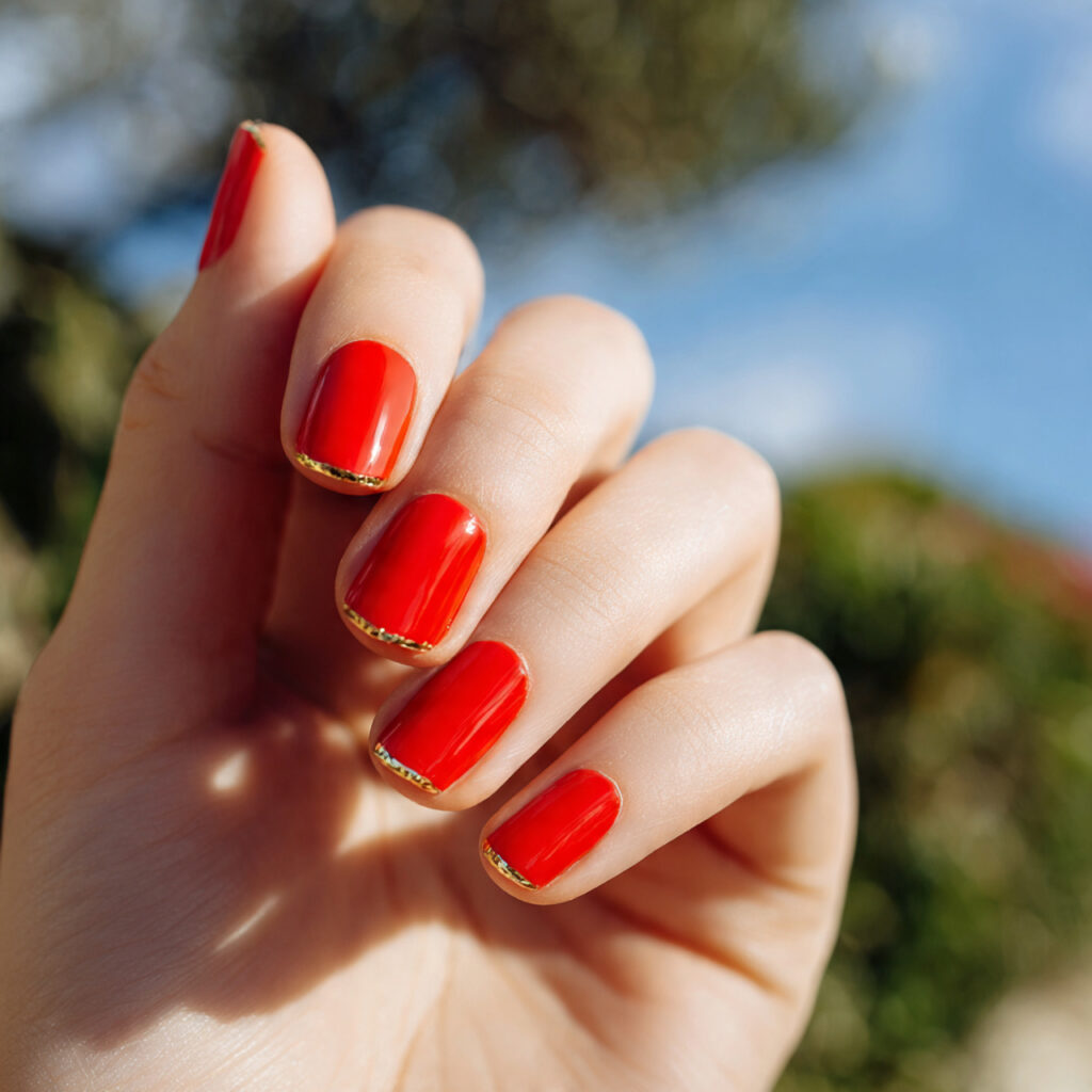 Red Nails With Gold: The Luxe, Glowing Combo You’ll Be Obsessed With 3 close up of one hand with bright red nail polish a