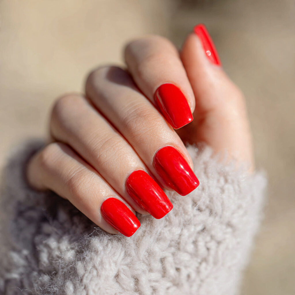 Classic Red Nails: Timeless, Elegant & Always in Style 4 close up of one hand with bright scarlet coffin na