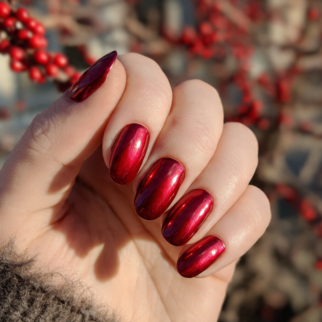 Red Nails Chrome: Glossy, Fiery & Made to Shine 2 close up of one hand with cherry chrome short nail