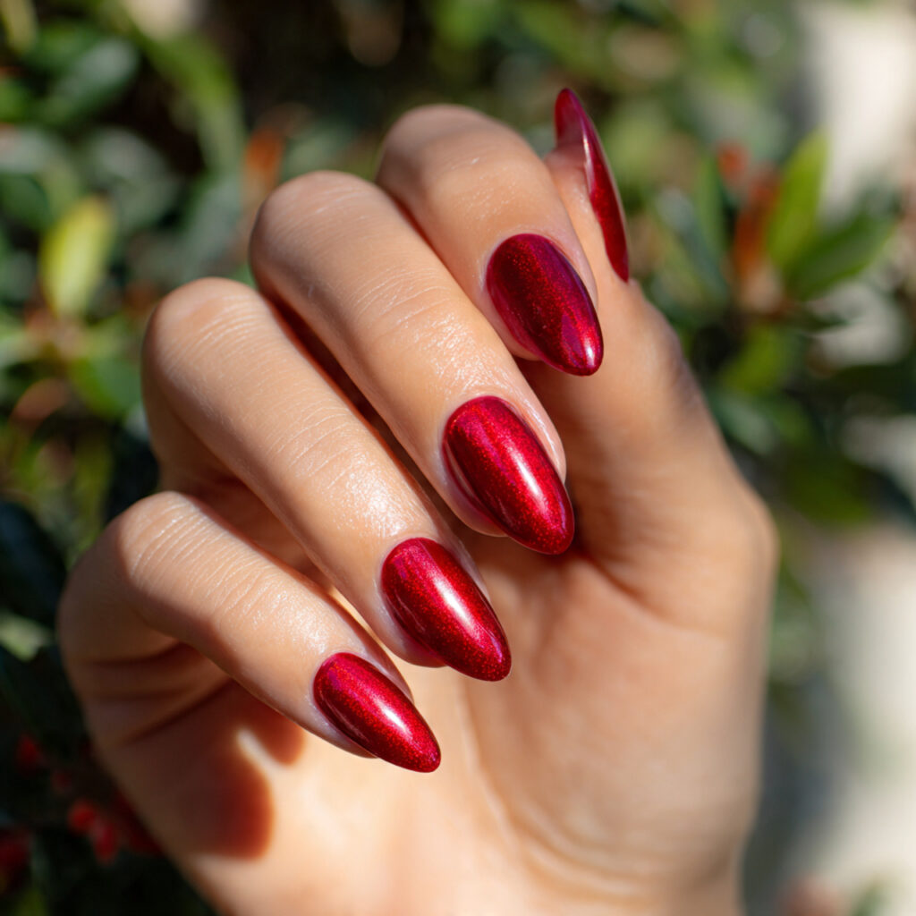 Red Nails Cat Eye: Magnetic Glow You Can’t Stop Staring At 2 close up of one hand with cherry red gloss cat eye