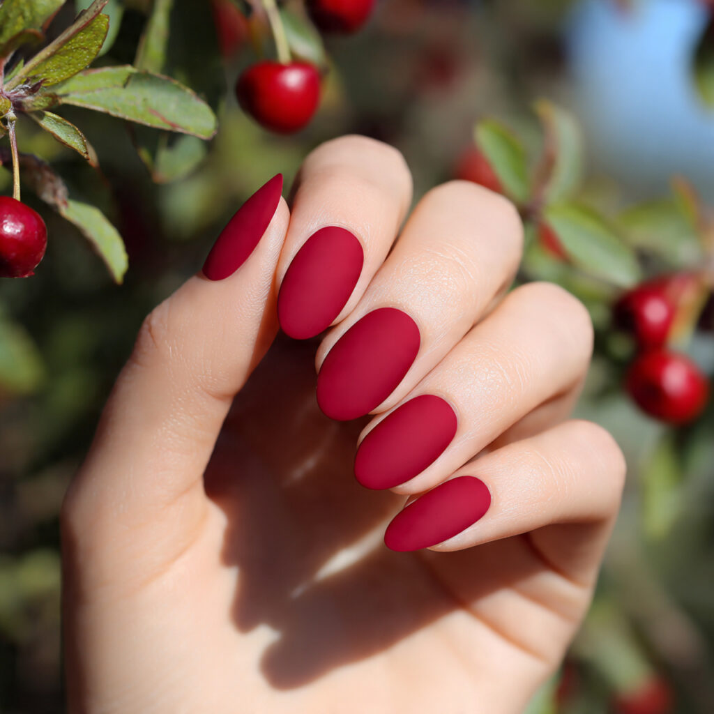 Red Matte Nails: Bold, Velvety Looks That Feel Effortlessly Luxe 5 close up of one hand with cherry red matte short n
