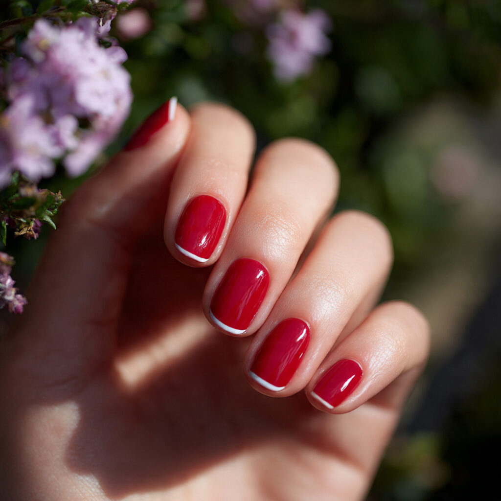close up of one hand with classic cherry red frenc
