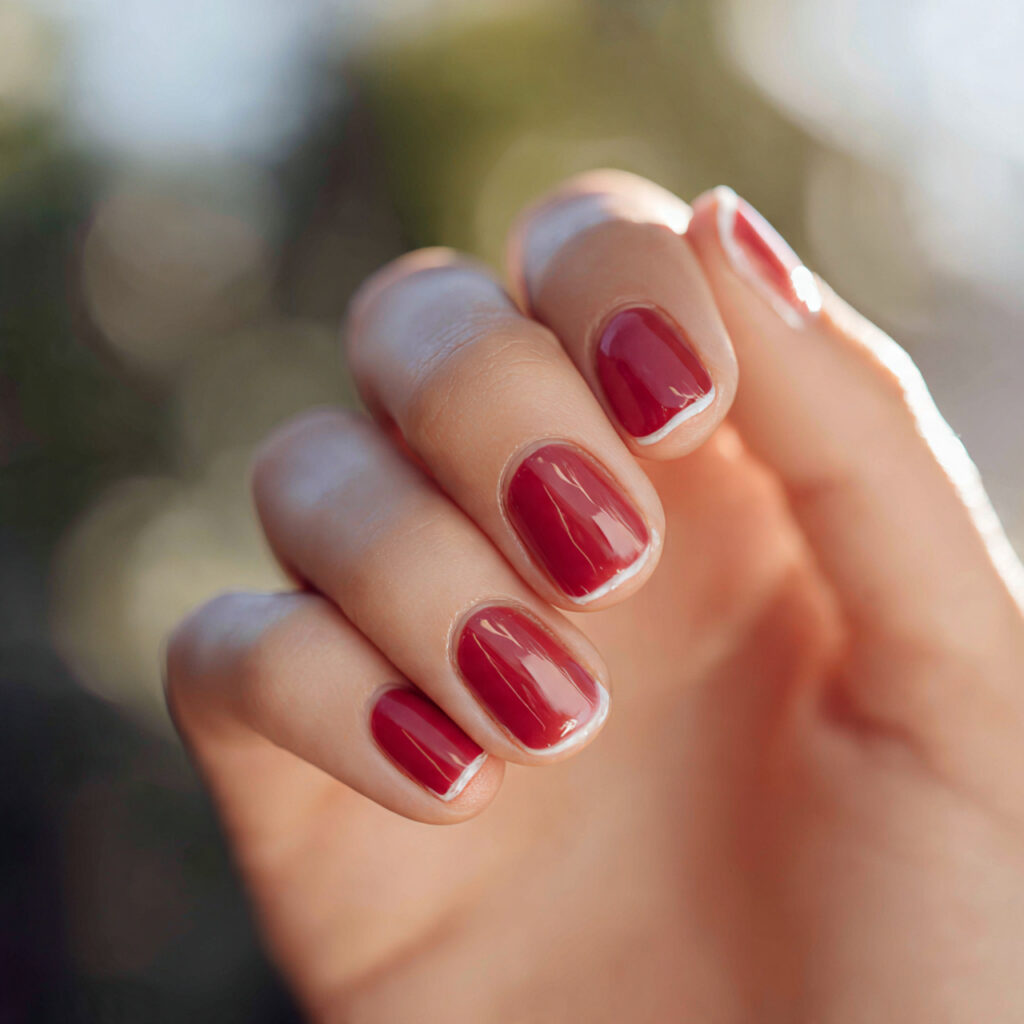close up of one hand with classic red nail polish